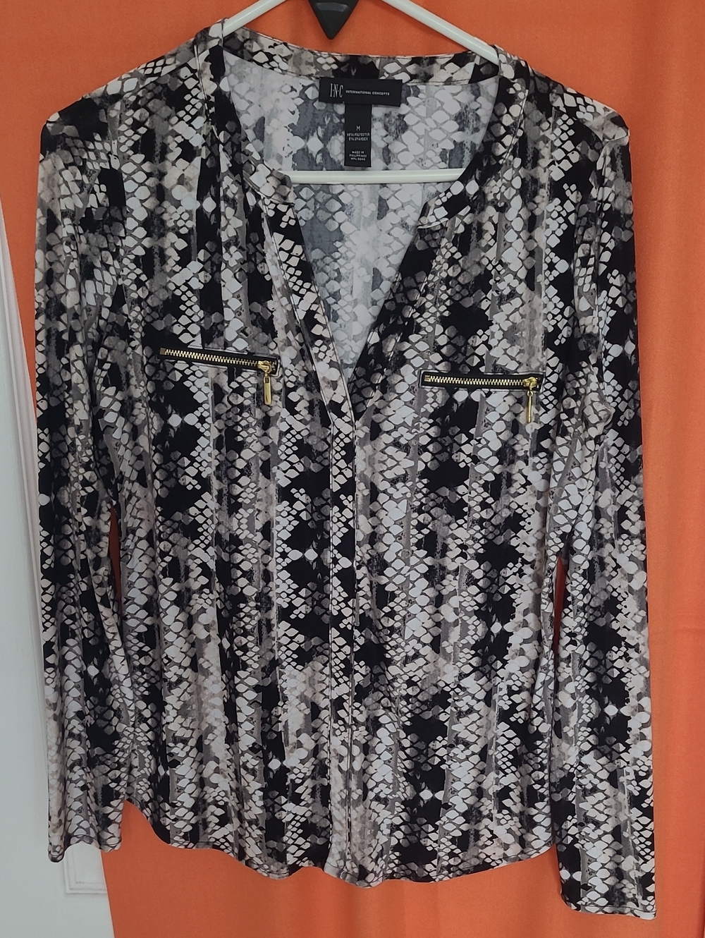 INC International Concepts Black and Cream Snake Print Blouse
